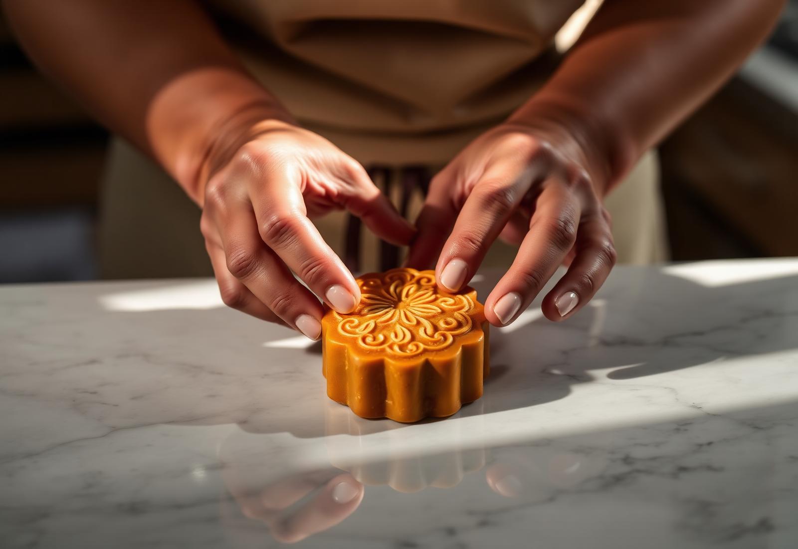 Artisan hands shaping a mooncake